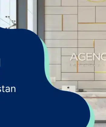 Amanah Ventures web banner titled "Agency 21 Franchise Cost In Pakistan" featuring a modern reception desk and branded wall of an Agency 21 International office.