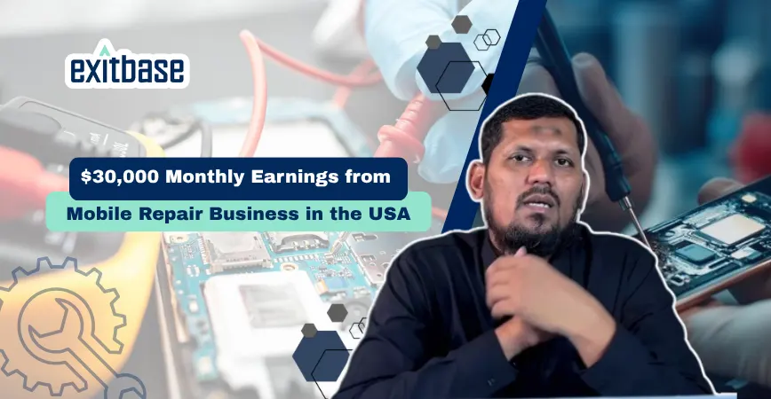 Amanah Ventures graphic titled $30,000 Monthly Earnings from Mobile Repair Business in the USA featuring a presenter alongside smartphone circuit board repair visuals.