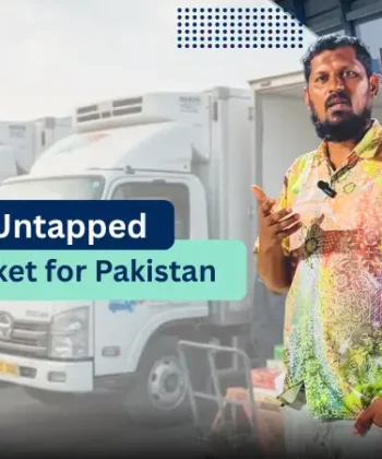 Amanah Ventures graphic titled Pakistan Export: $50B Untapped Export Market for Pakistan featuring a presenter standing before refrigerated cargo trucks, fruit packaging, and a container ship.